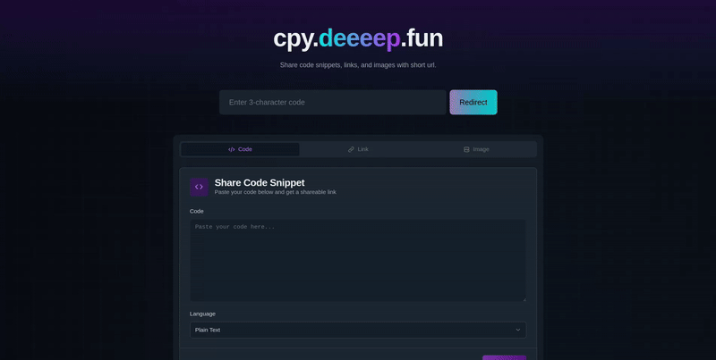 CPY - Temporary Code, Link, and Image Sharing Platform